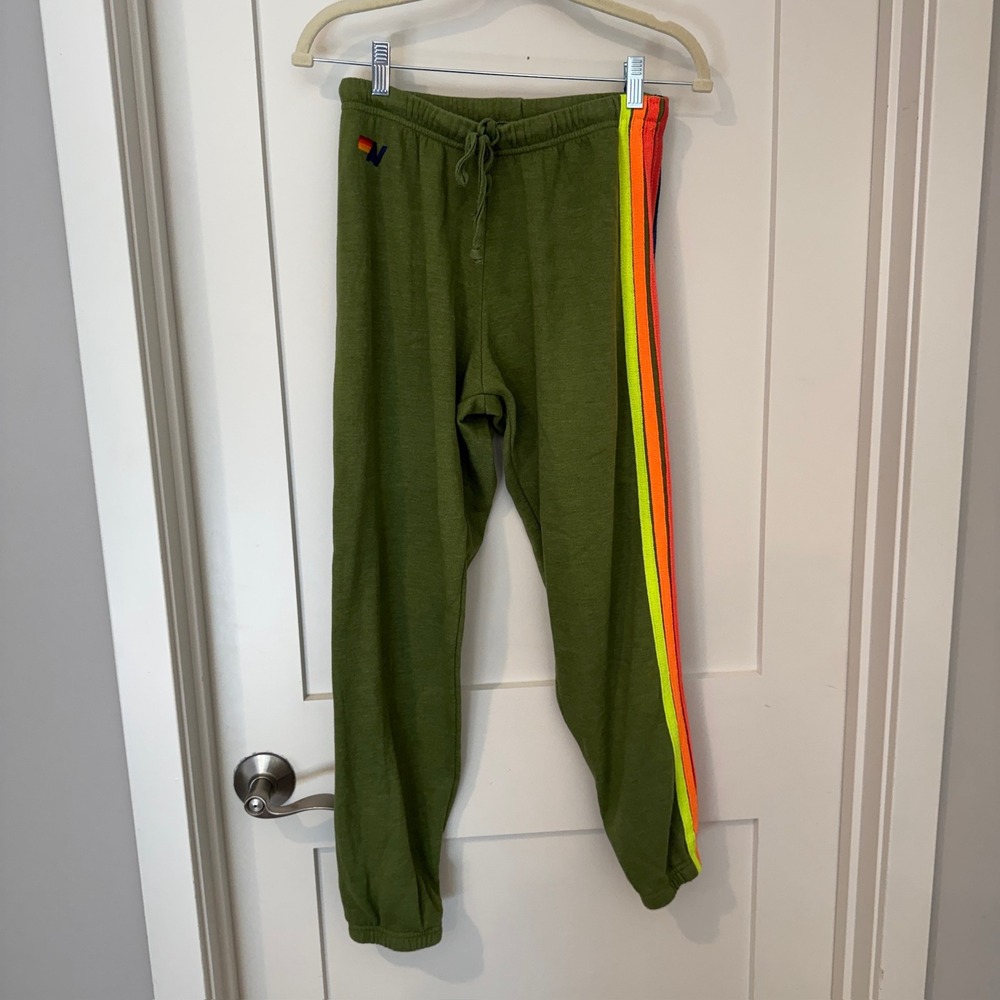 Aviator Nation Olive Green Neon Rainbow Stripe Sweatpants Joggers Small